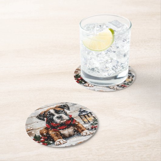 Christmas Boxer Puppy Runder Pappuntersetzer (Vor Ort)