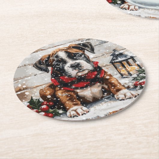 Christmas Boxer Puppy Runder Pappuntersetzer (Angewinkelt)
