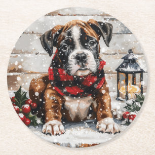 Christmas Boxer Puppy Runder Pappuntersetzer