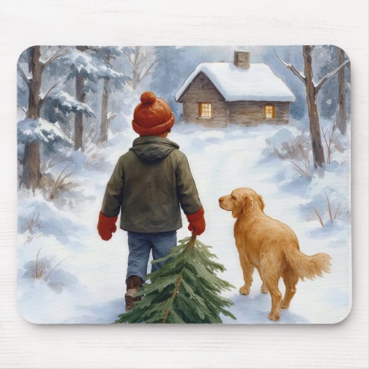 Christmas Boy Dragging an Evergreen Tree Home Mousepad (Vorne)