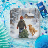 Christmas Boy In Snowflakes With Pine Tree and Dog Pappteller (Party)