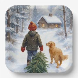 Christmas Boy In Snowflakes With Pine Tree and Dog Pappteller