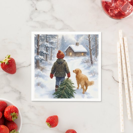 Christmas Boy In Snowflakes With Pine Tree and Dog Serviette (Beispiel)