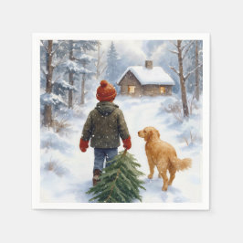 Christmas Boy In Snowflakes With Pine Tree and Dog Serviette