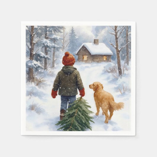 Christmas Boy In Snowflakes With Pine Tree and Dog Serviette (Vorderseite)