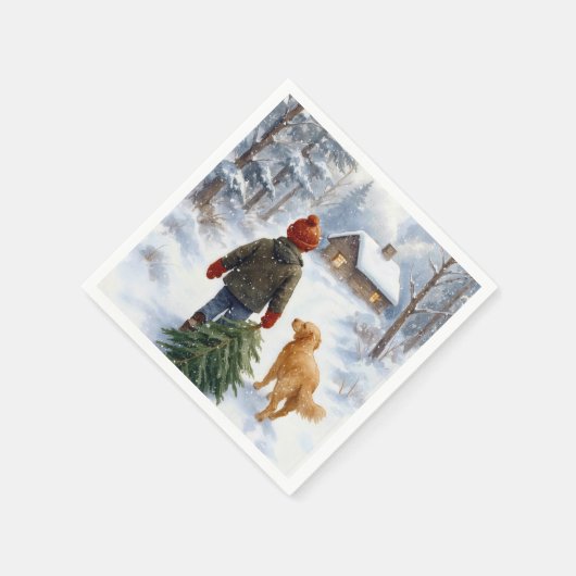 Christmas Boy In Snowflakes With Pine Tree and Dog Serviette (Ecke)