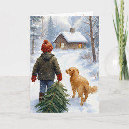 Christmas Boy With Pine Tree and Dog Karte
