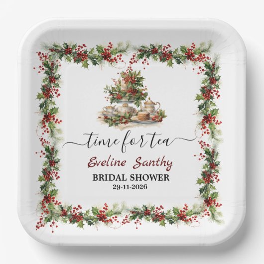 Christmas Bridal Shower holly Tea Time Party Pappteller (Vorderseite)