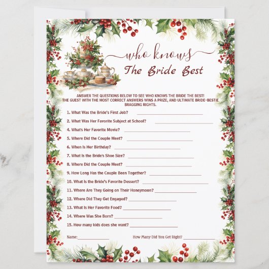 Christmas Bridal Shower who knows the bride Games (Vorderseite)