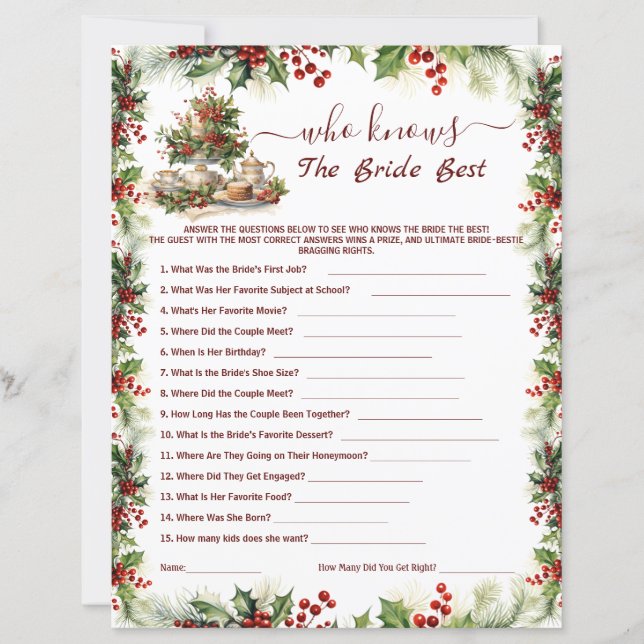 Christmas Bridal Shower who knows the bride Games (Vorderseite)