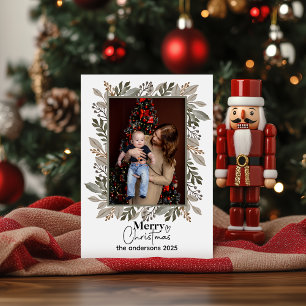 Christmas Brown Floral Watercolor Frohe Weihnacht Feiertagskarte
