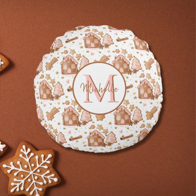 Christmas Brown Gingerbread House Pink Trees Rundes Kissen (Von Creator hochgeladen)