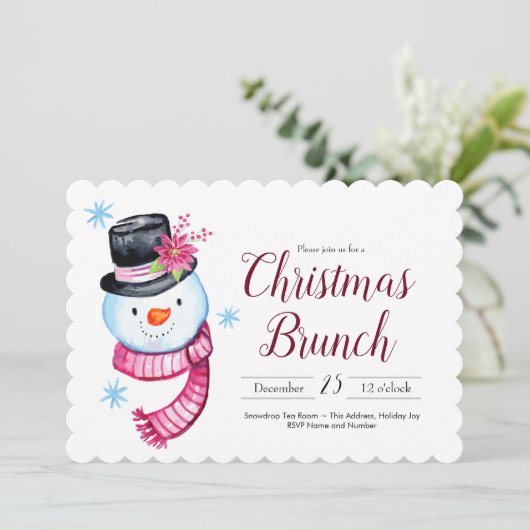 Christmas Brunch Niedlich Watercolor Snowman Scrip Einladung (Stehend Vorderseite)