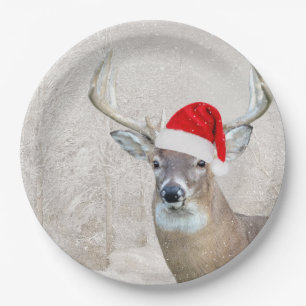 Christmas Buck Deer mit Weihnachtsmannmütze Pappteller