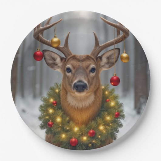 Christmas Buck Wearing a Glowing Wreath Pappteller (Vorderseite)