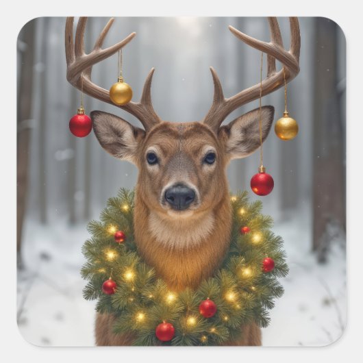 Christmas Buck Wearing a Glowing Wreath Quadratischer Aufkleber (Vorderseite)