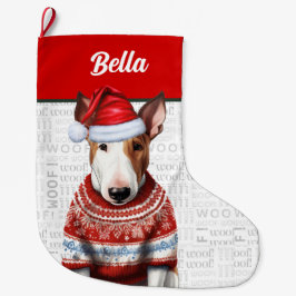 Christmas Bull Terrier mit Name Woof Hintergrund Großer Weihnachtsstrumpf