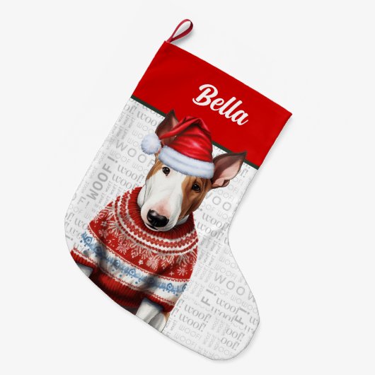 Christmas Bull Terrier mit Name Woof Hintergrund Großer Weihnachtsstrumpf (Vorderansicht (hängend))