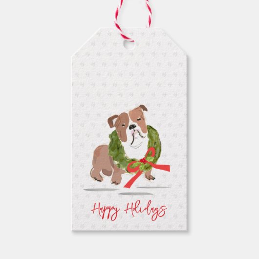 Christmas Bulldog Happy Holidays Holly Liebe NAME Geschenkanhänger (Vorderseite)