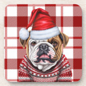 Christmas Bulldog Red Kariert Holiday Getränkeuntersetzer (Vorderseite)