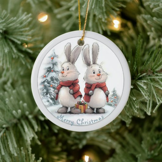 Christmas Bunny and gift Keramik Ornament (Baum)