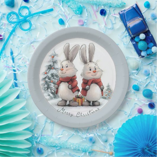 Christmas Bunny and gift Pappteller (Party)