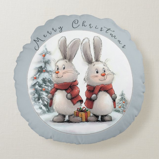 Christmas Bunny and gift Rundes Kissen (Vorderseite)