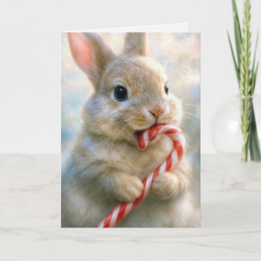 Christmas Bunny Rabbit Nibbling On a Candy Cane Karte (Vorderseite)