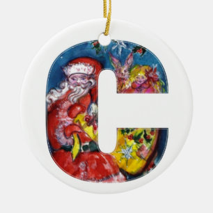 CHRISTMAS C SCHREIBEN / SANTA MIT GIFTMONOGRAMM KERAMIK ORNAMENT