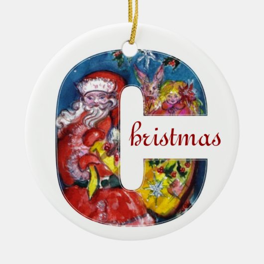 CHRISTMAS C SCHREIBEN / SANTA MIT GIFTMONOGRAMM KERAMIKORNAMENT (Vorne)