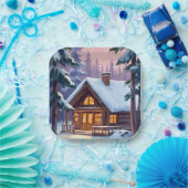 Christmas Cabin Forest Winter Snow Holiday Pappteller (Party)