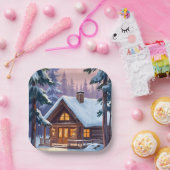 Christmas Cabin Forest Winter Snow Holiday Pappteller (Party)