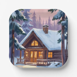 Christmas Cabin Forest Winter Snow Holiday Pappteller