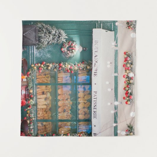 Christmas cafe bakery exterior with Christmas deco Wandteppich (Vorderseite (Horizontal))