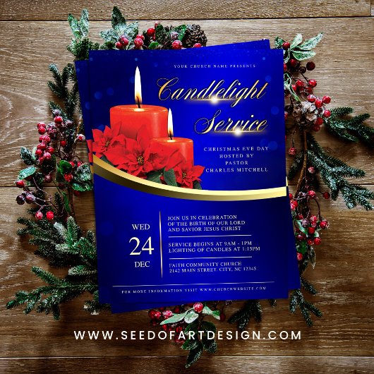 Christmas Candlelight Poinsettia Blue Church Flyer
