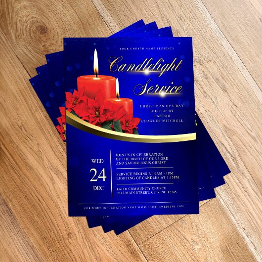 Christmas Candlelight Poinsettia Blue Church Flyer
