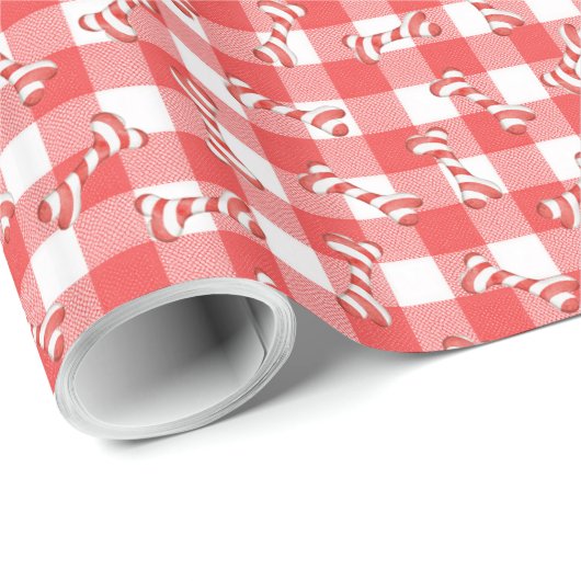Christmas Candy Cane Dog Bones On Gingham Geschenkpapier (Rolleneckpunkt)