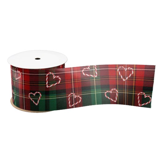 Christmas Candy Cane Hearts On Tartan Plaid Satinband (Spule)