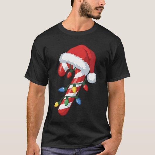 Christmas Candy Cane Santa Hat Xmas Lights T-Shirt (Vorderseite)