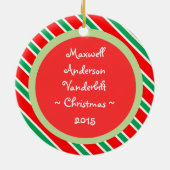 Christmas Candy Stripes Gerahmtes Baby Foto Keramik Ornament (Hinten)