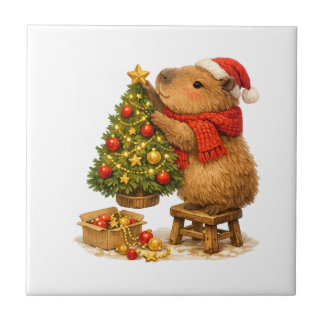 Christmas Capybara schmückt Baum Fliese
