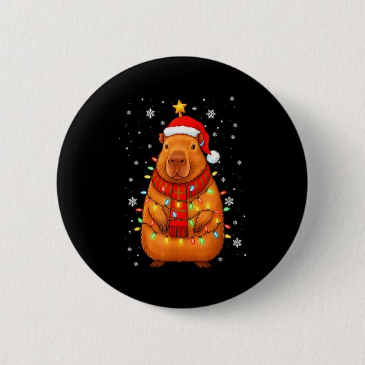 Christmas Capybara With Santa Hat Xmas Lights Tree Button (Vorderseite)