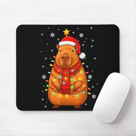 Christmas Capybara With Santa Hat Xmas Lights Tree Mousepad (Mit Mouse)
