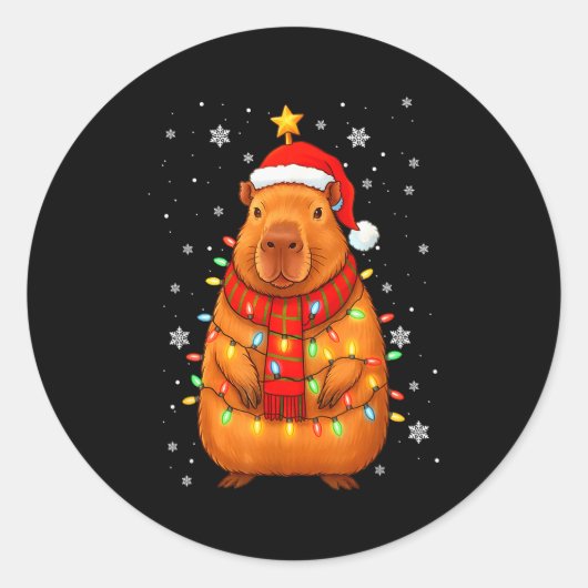 Christmas Capybara With Santa Hat Xmas Lights Tree Runder Aufkleber (Vorderseite)