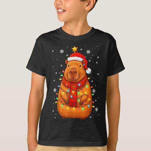 Christmas Capybara With Santa Hat Xmas Lights Tree T-Shirt (Vorderseite)