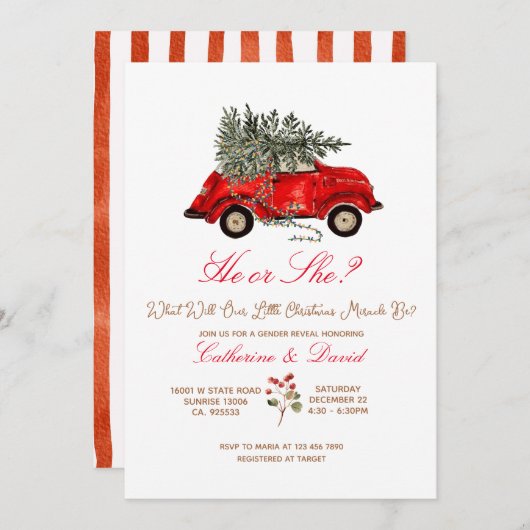 Christmas Car and Tree Gender Reveal Invitation Einladung (Vorne/Hinten)
