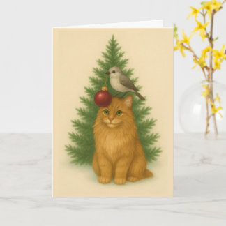 Christmas Card — Cat & Bird by the Tree Karte