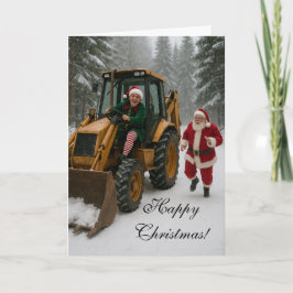 Christmas card -  Elf stealing Santa's digger  Karte