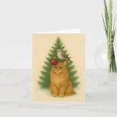 Christmas Card — Funny Cat & Bird by the Tree Karte (Vorderseite)