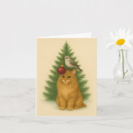 Christmas Card — Funny Cat & Bird by the Tree Karte
